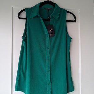 NWT ADRIANNA PAPELL VIVID GREEN BUTTON-DOWN SLEEVELESS TOP - SIZE SMALL